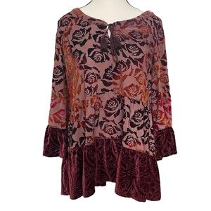 Vintage RXB Rose Patterned Burnout Velvet Babydoll‎ Ruffle Bell Sleeve Blouse